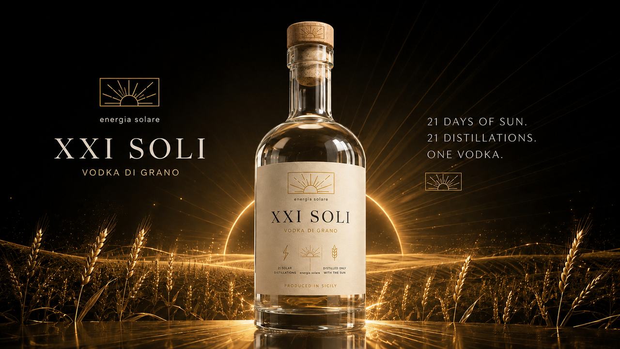 XXI SOLI GRANO — sizilianische Wodkaflasche im goldenen Weizenlicht